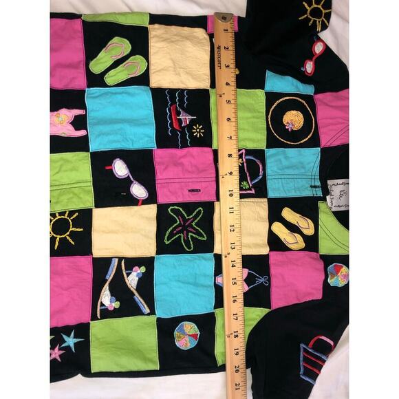 Michael Simon Size M Shirt Embroidered Patchwork Color Block Summer Beach Black - Picture 6 of 7